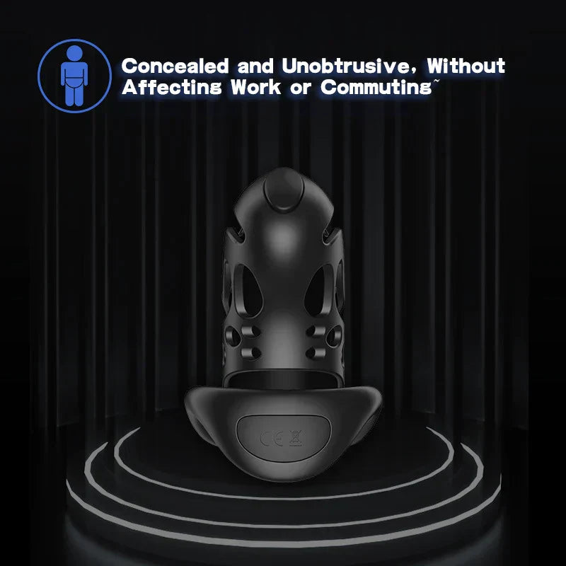 Black remote control chastity cage designed to be concealed and unobtrusive without affecting work or commuting